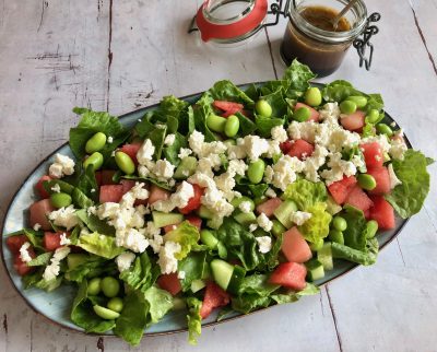 Salat med vandmelon, edamamebønner og feta